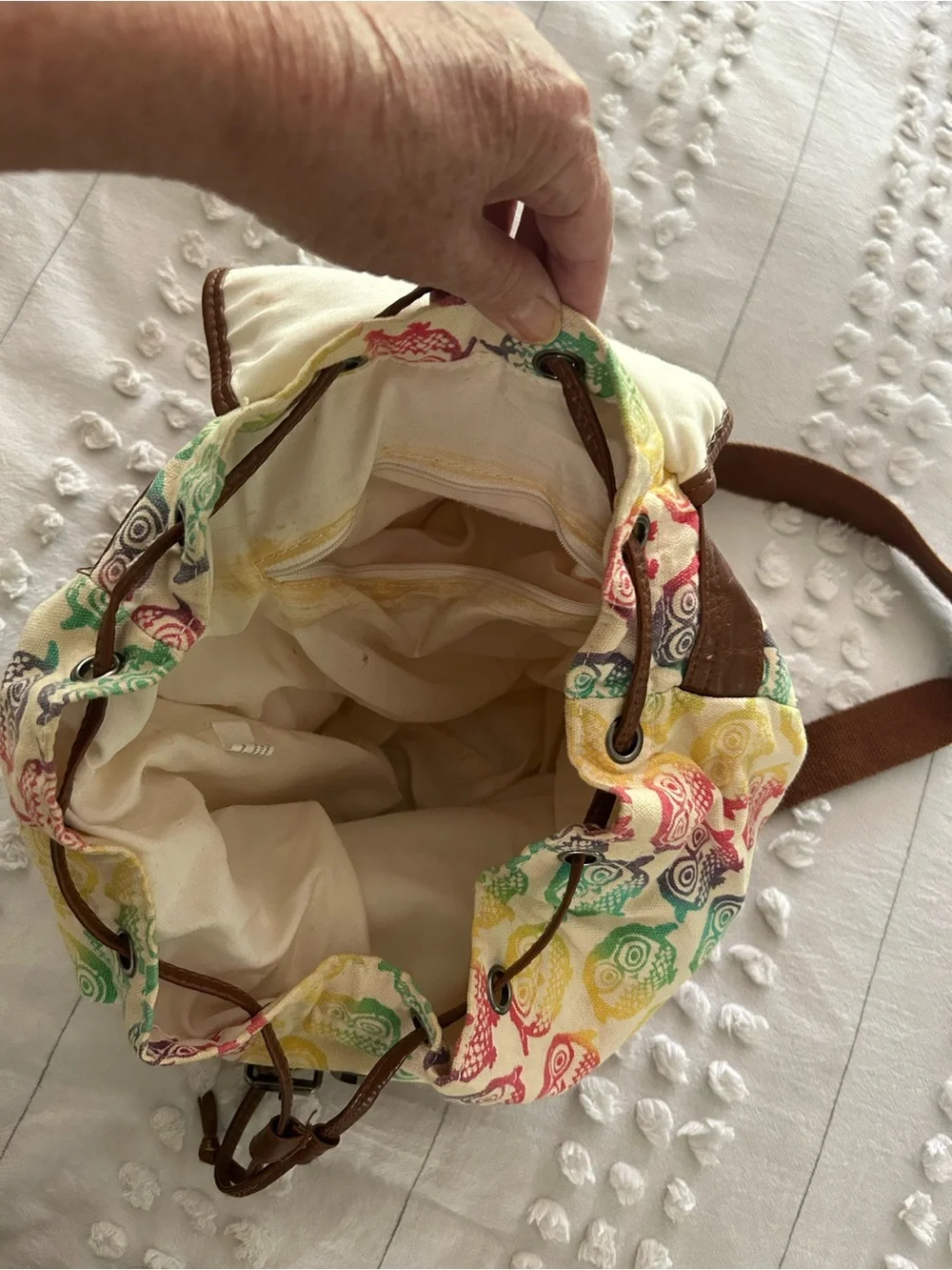 Multicolor Owl Print Canvas Backpack with Brown Trim